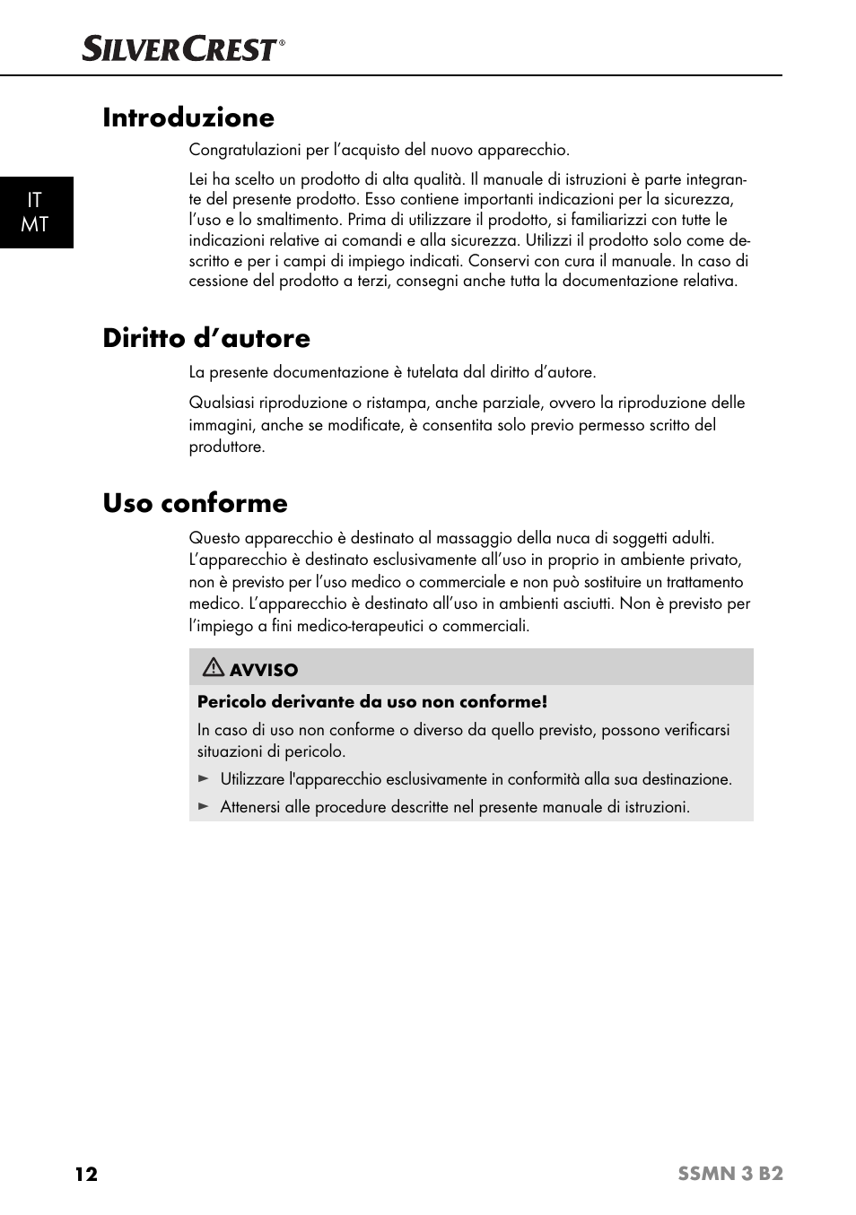 Introduzione, Diritto d’autore, Uso conforme | It mt | Silvercrest SSMN 3 B2 User Manual | Page 15 / 45