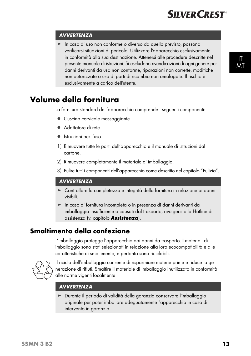 Volume della fornitura, Smaltimento della confezione, It mt | Silvercrest SSMN 3 B2 User Manual | Page 16 / 45