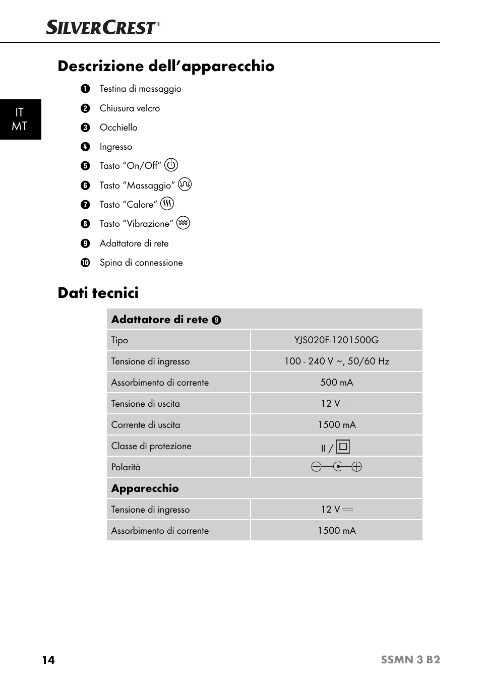 Descrizione dell’apparecchio, Dati tecnici, It mt | Silvercrest SSMN 3 B2 User Manual | Page 17 / 45