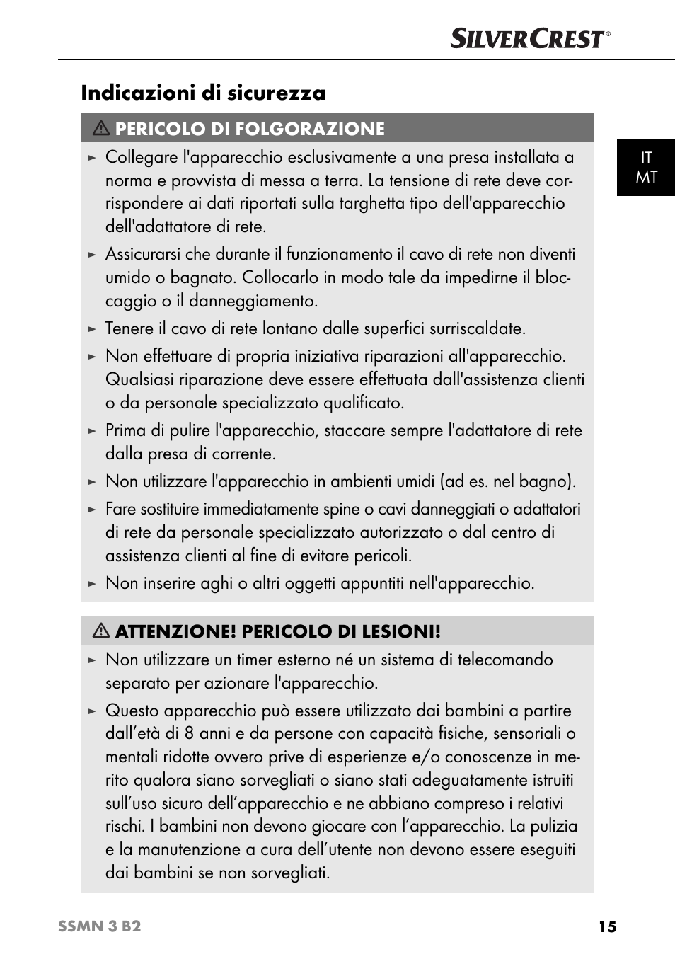 Indicazioni di sicurezza, Pericolo di folgorazione | Silvercrest SSMN 3 B2 User Manual | Page 18 / 45