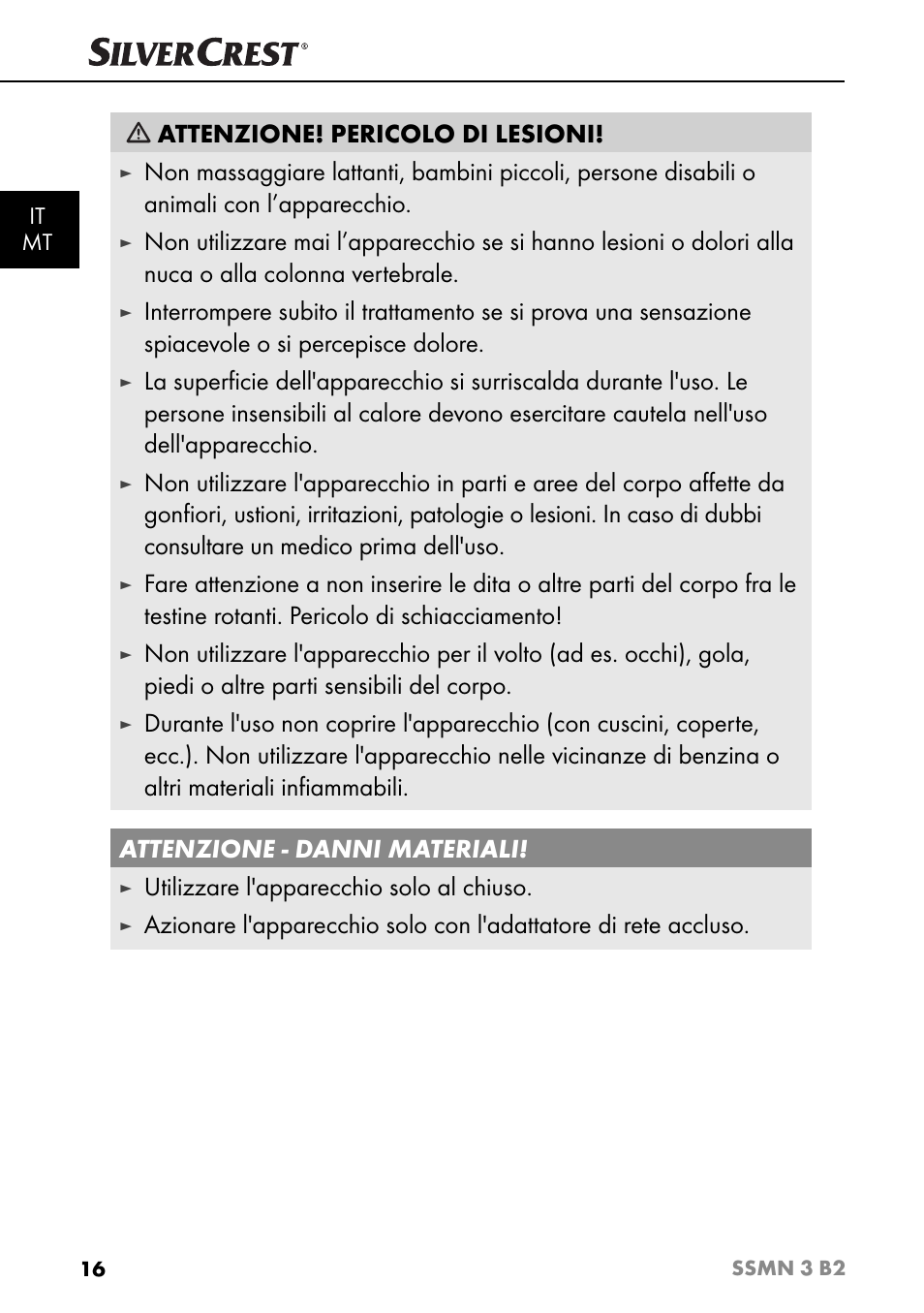 Attenzione! pericolo di lesioni, Utilizzare l'apparecchio solo al chiuso | Silvercrest SSMN 3 B2 User Manual | Page 19 / 45