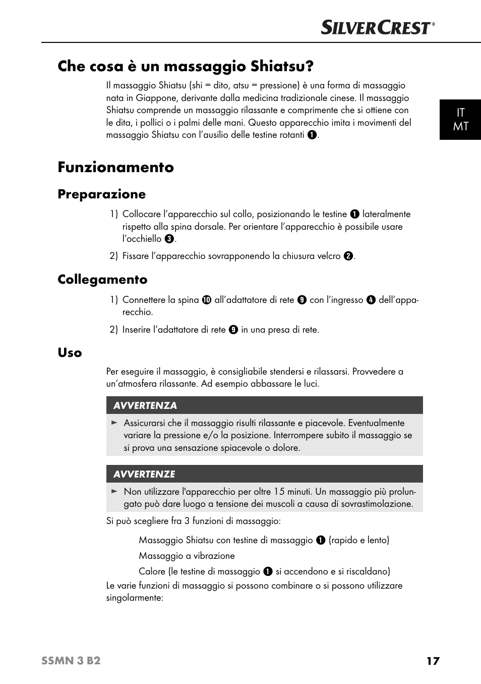 Che cosa è un massaggio shiatsu, Funzionamento, Preparazione | Collegamento, It mt | Silvercrest SSMN 3 B2 User Manual | Page 20 / 45