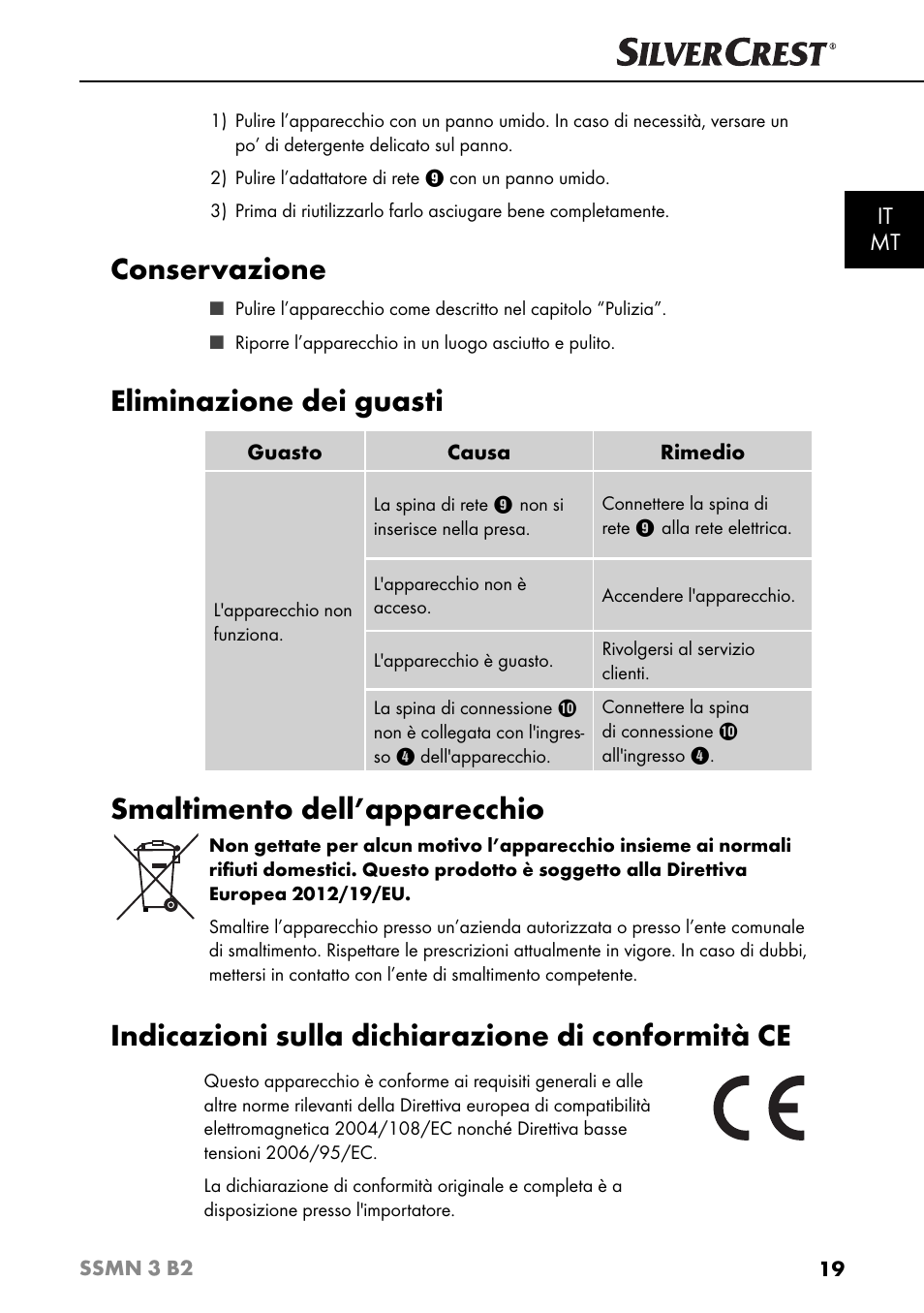 Conservazione, Eliminazione dei guasti, Smaltimento dell’apparecchio | Indicazioni sulla dichiarazione di conformità ce, It mt | Silvercrest SSMN 3 B2 User Manual | Page 22 / 45
