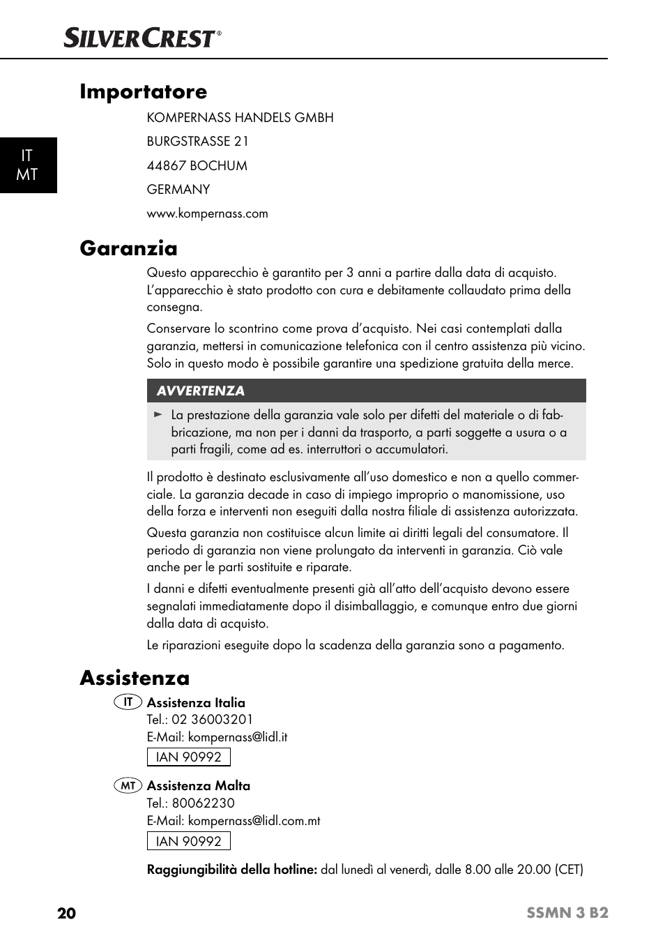 Importatore, Garanzia, Assistenza | It mt | Silvercrest SSMN 3 B2 User Manual | Page 23 / 45