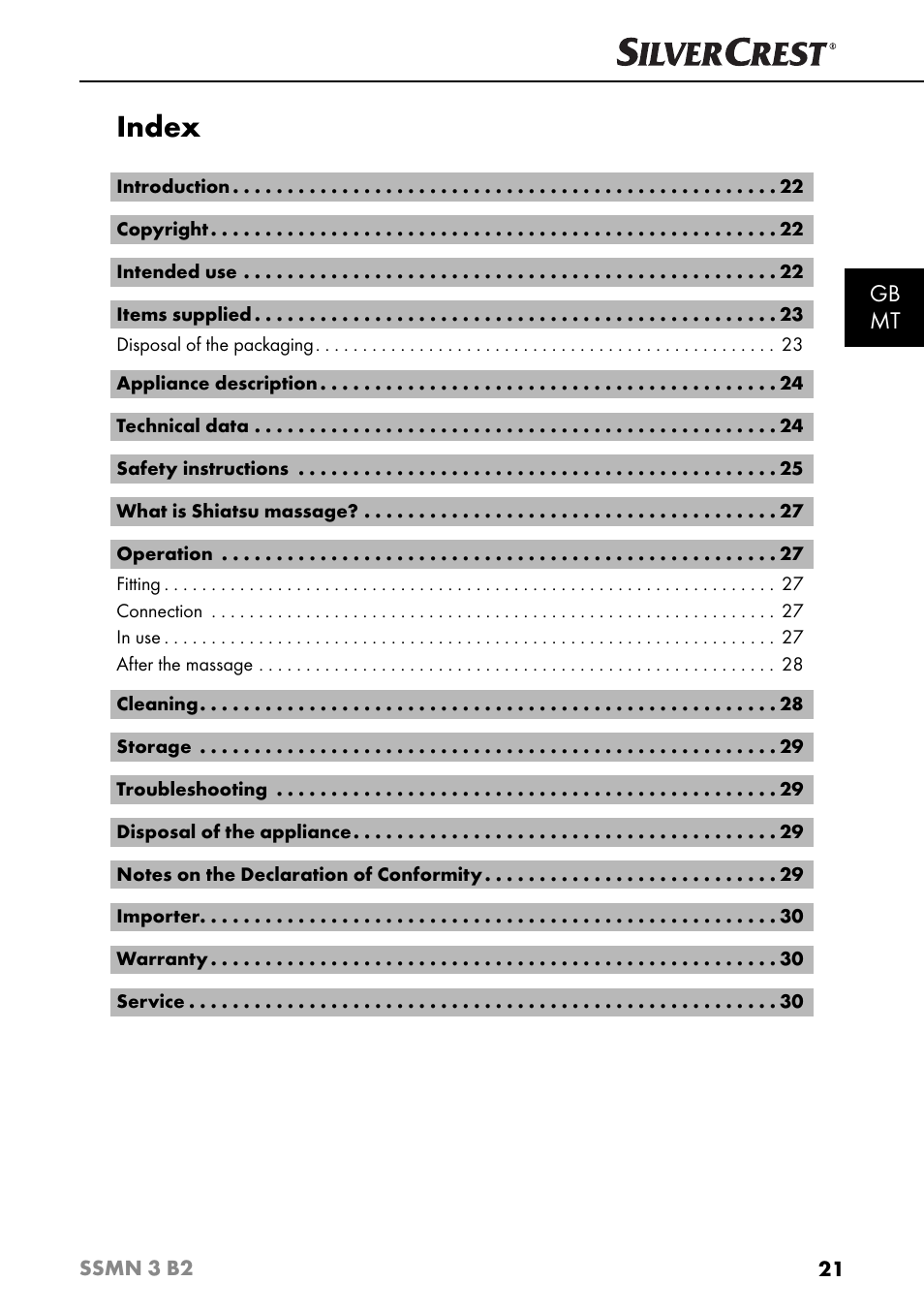Index, Gb mt | Silvercrest SSMN 3 B2 User Manual | Page 24 / 45