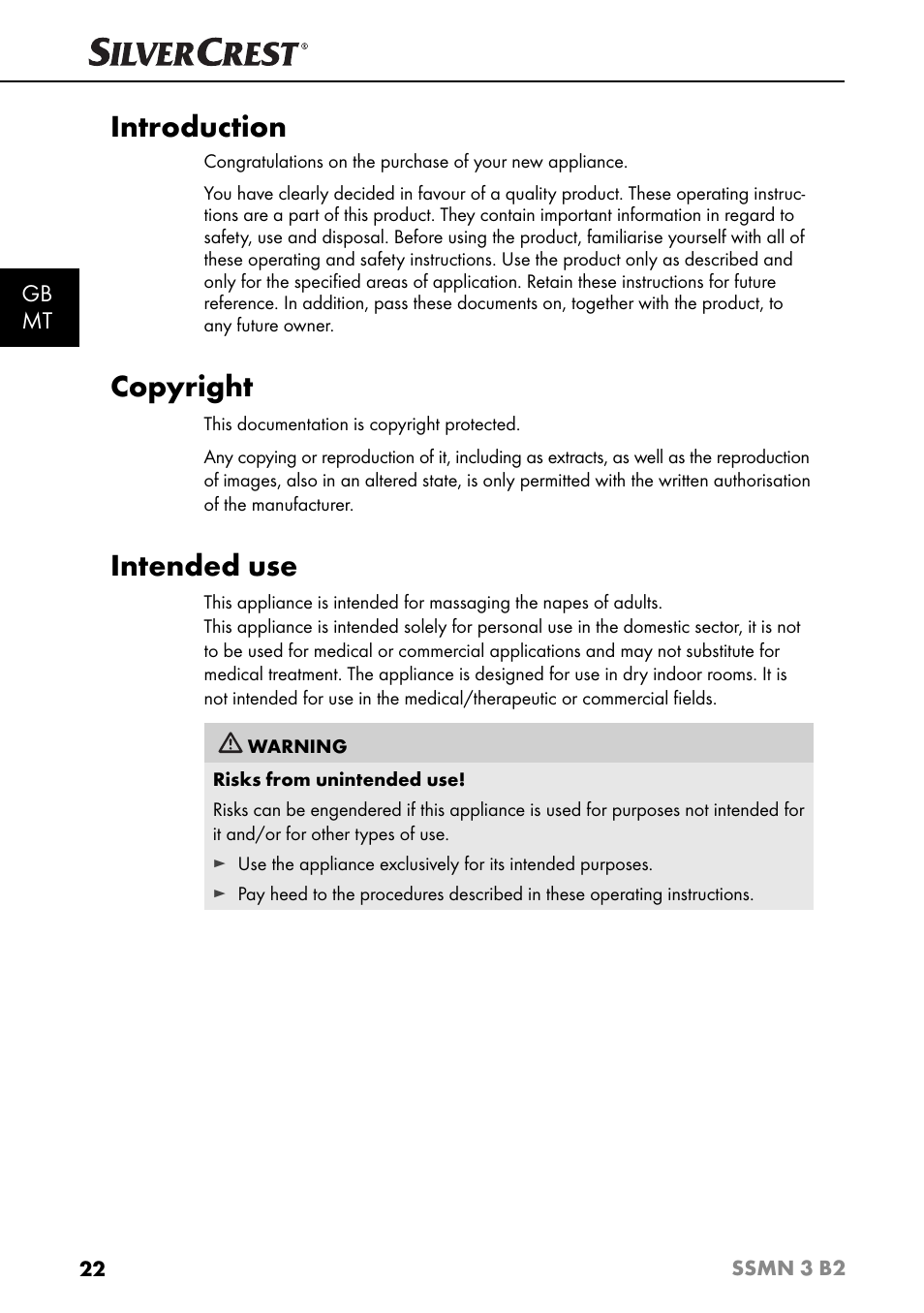 Introduction, Copyright, Intended use | Gb mt | Silvercrest SSMN 3 B2 User Manual | Page 25 / 45