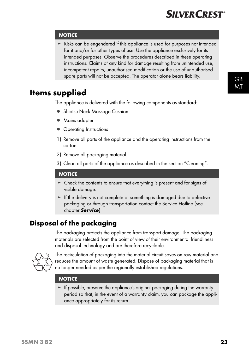 Items supplied, Disposal of the packaging, Gb mt | Silvercrest SSMN 3 B2 User Manual | Page 26 / 45