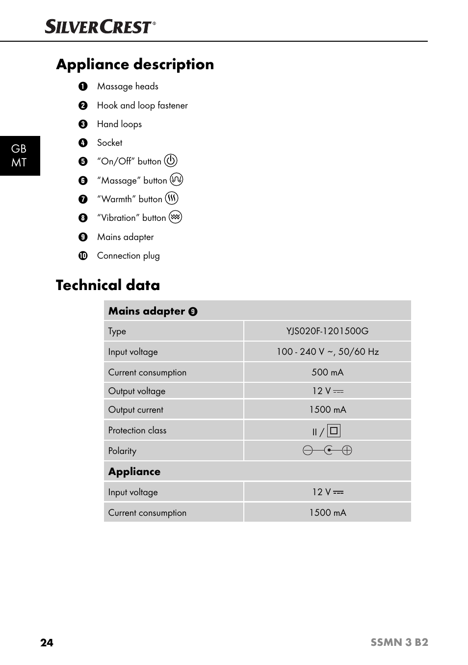 Appliance description, Technical data, Gb mt | Silvercrest SSMN 3 B2 User Manual | Page 27 / 45