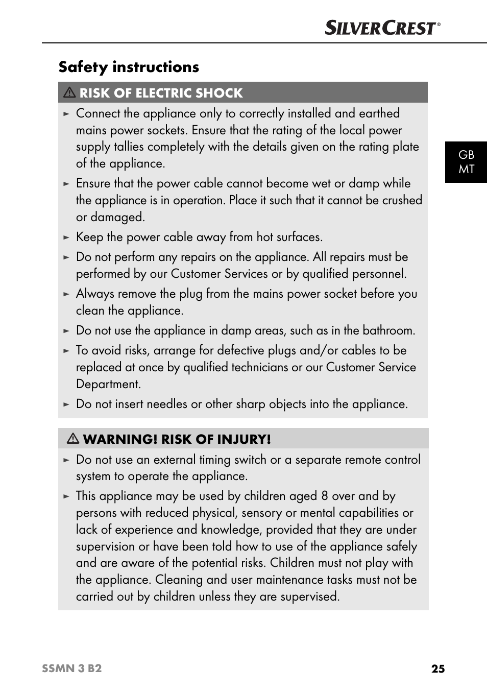 Safety instructions, Risk of electric shock, Keep the power cable away from hot surfaces | Silvercrest SSMN 3 B2 User Manual | Page 28 / 45