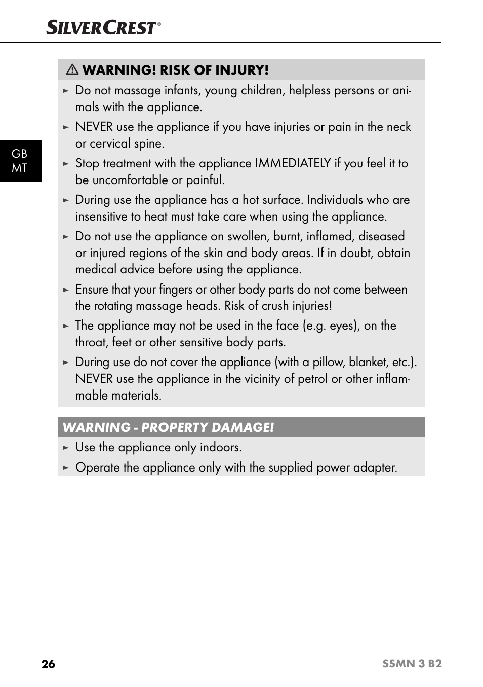 Warning! risk of injury, Use the appliance only indoors | Silvercrest SSMN 3 B2 User Manual | Page 29 / 45