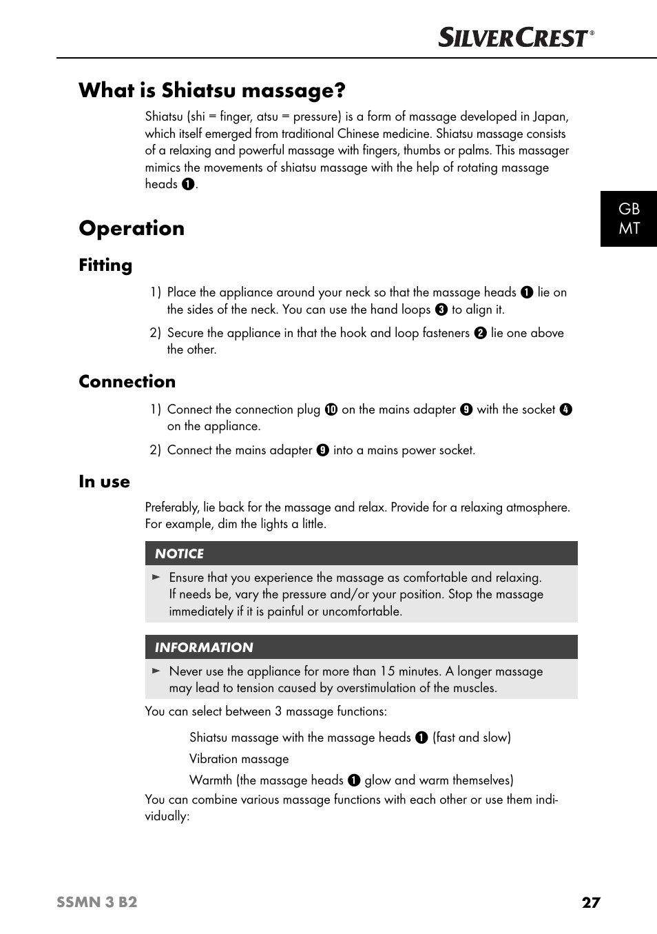 What is shiatsu massage, Operation, Fitting | Connection, Gb mt | Silvercrest SSMN 3 B2 User Manual | Page 30 / 45