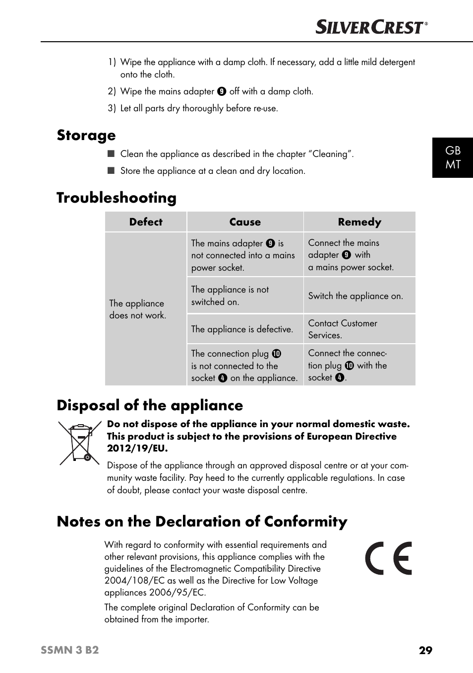 Storage, Troubleshooting, Disposal of the appliance | Gb mt | Silvercrest SSMN 3 B2 User Manual | Page 32 / 45