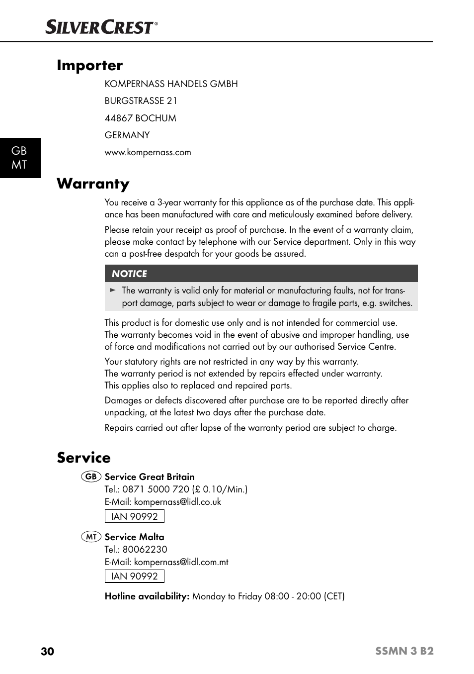Importer, Warranty, Service | Gb mt | Silvercrest SSMN 3 B2 User Manual | Page 33 / 45