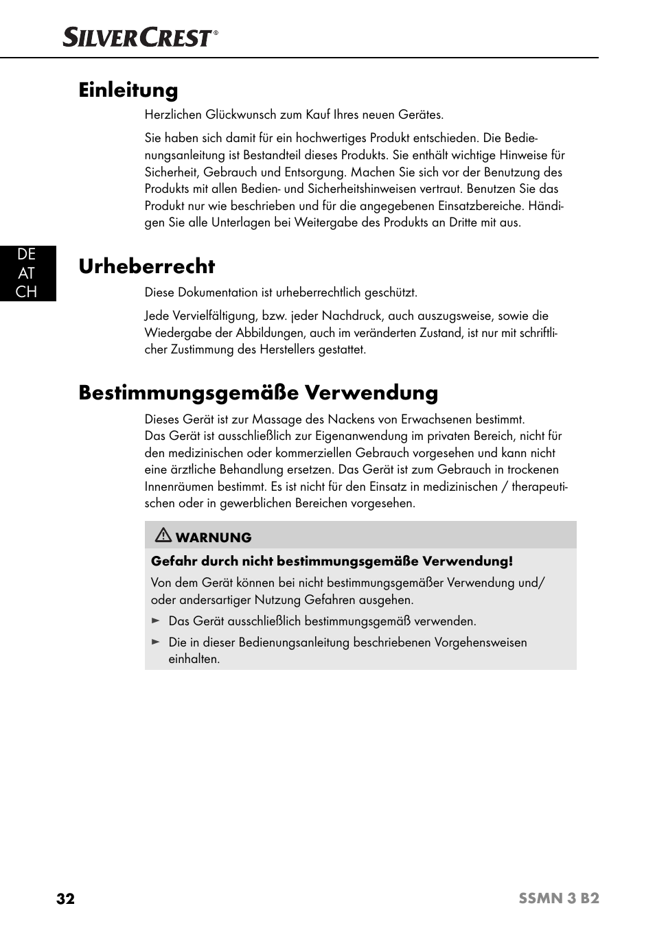 Einleitung, Urheberrecht, Bestimmungsgemäße verwendung | De at ch | Silvercrest SSMN 3 B2 User Manual | Page 35 / 45