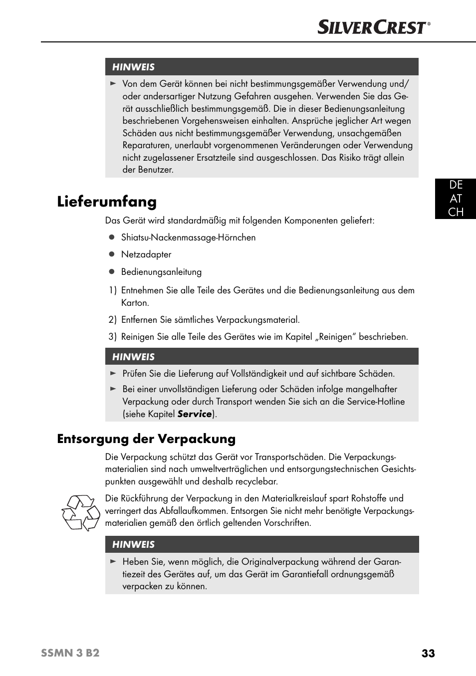 Lieferumfang, Entsorgung der verpackung, De at ch | Silvercrest SSMN 3 B2 User Manual | Page 36 / 45