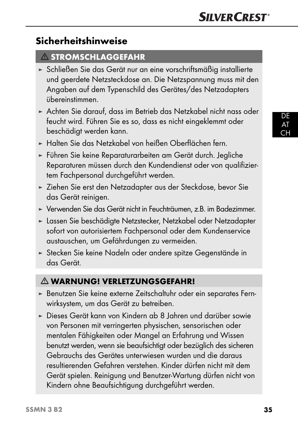 Sicherheitshinweise, Stromschlaggefahr | Silvercrest SSMN 3 B2 User Manual | Page 38 / 45