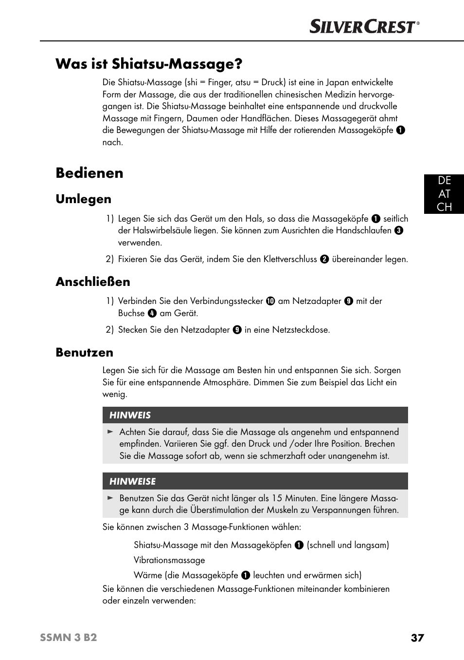 Was ist shiatsu-massage, Bedienen, Umlegen | Anschließen, Benutzen, De at ch | Silvercrest SSMN 3 B2 User Manual | Page 40 / 45