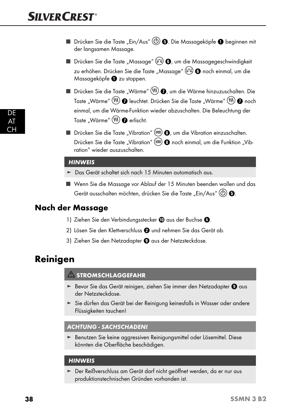 Reinigen, Nach der massage, De at ch | Silvercrest SSMN 3 B2 User Manual | Page 41 / 45