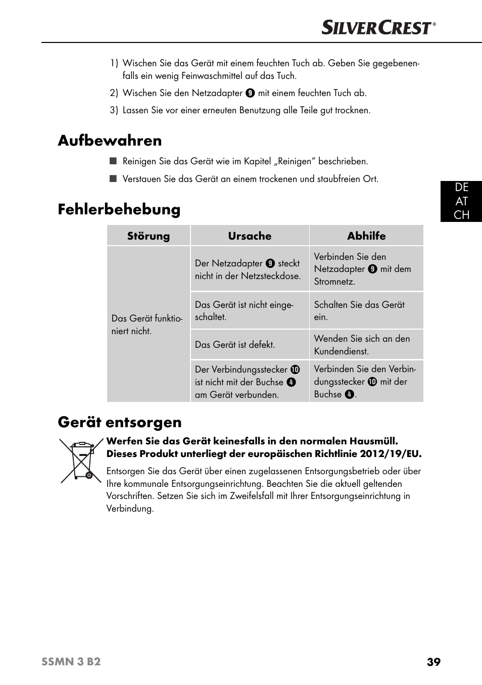 Aufbewahren, Fehlerbehebung, Gerät entsorgen | De at ch | Silvercrest SSMN 3 B2 User Manual | Page 42 / 45
