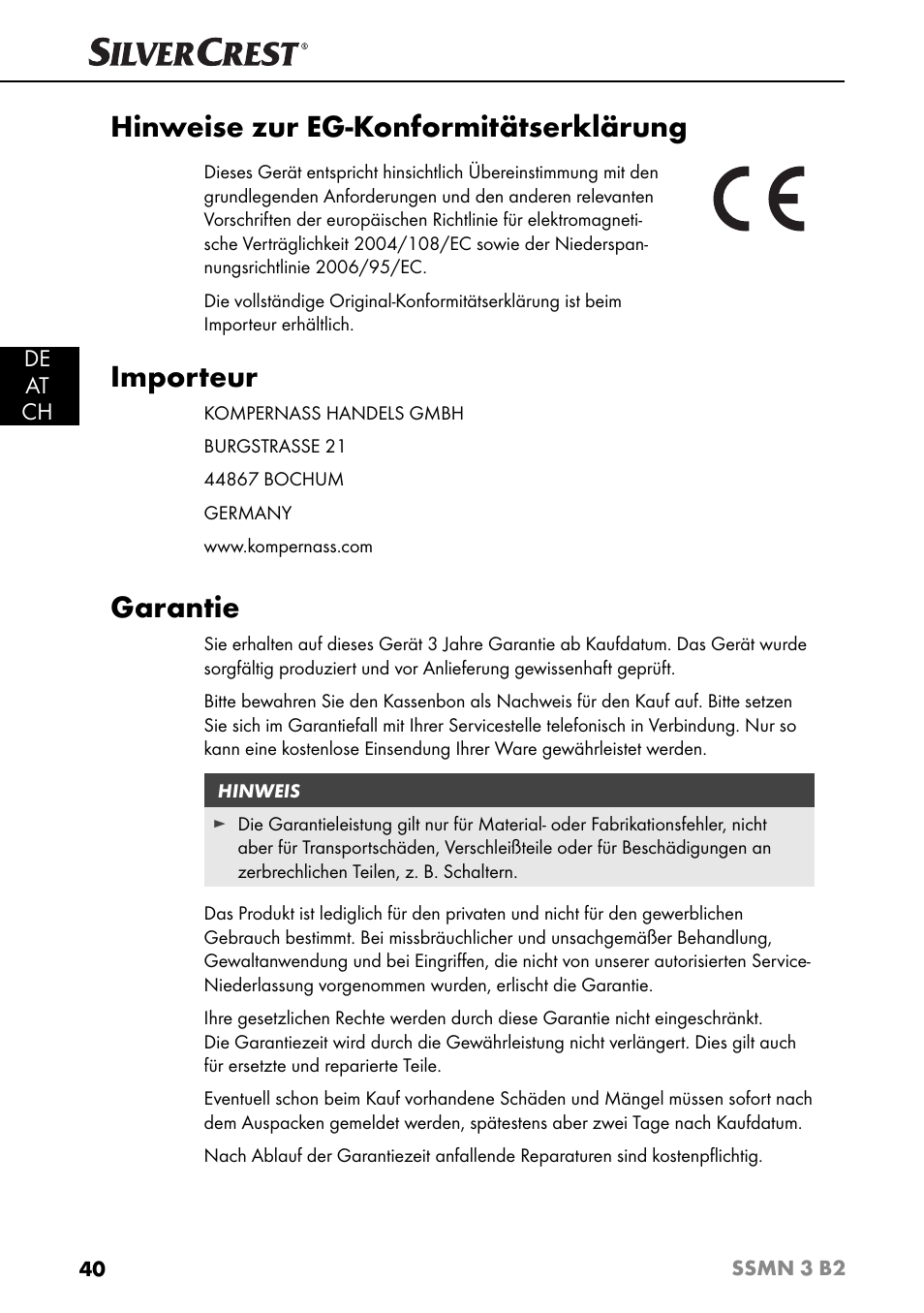 Hinweise zur eg-konformitätserklärung, Importeur, Garantie | De at ch | Silvercrest SSMN 3 B2 User Manual | Page 43 / 45