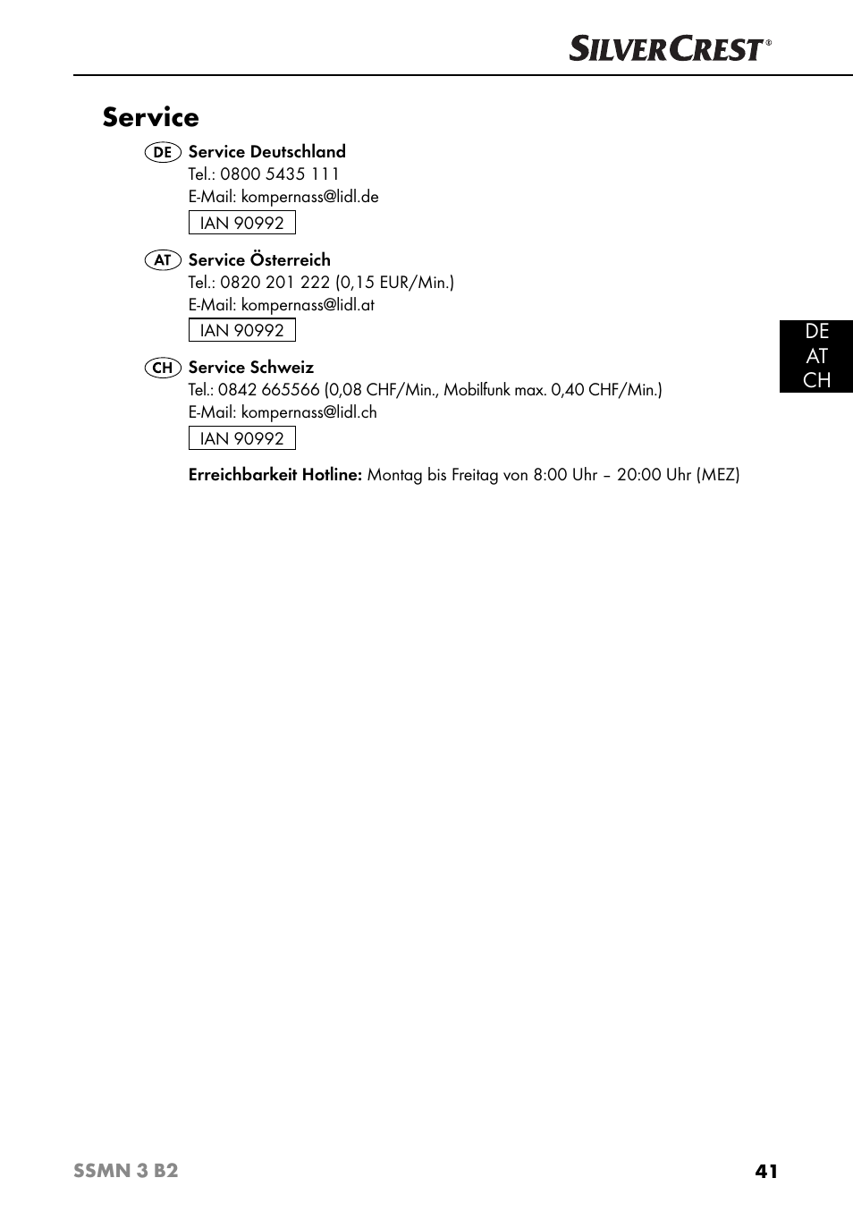 Service, De at ch | Silvercrest SSMN 3 B2 User Manual | Page 44 / 45