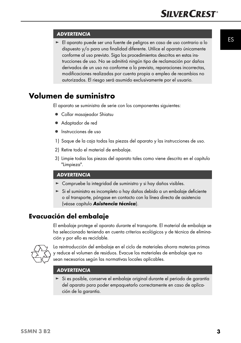 Volumen de suministro, Evacuación del embalaje | Silvercrest SSMN 3 B2 User Manual | Page 6 / 45