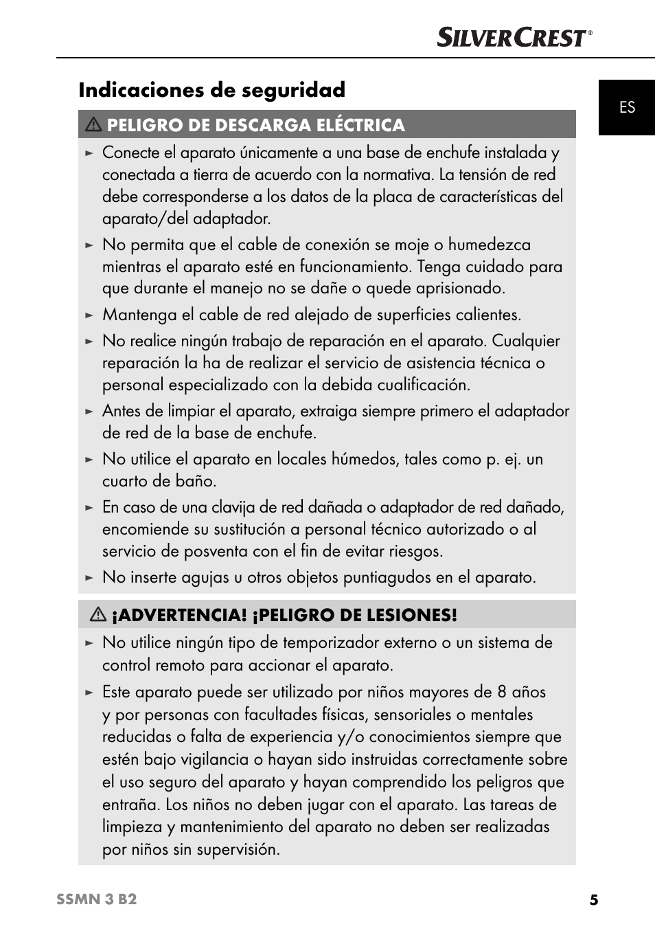 Indicaciones de seguridad, Peligro de descarga eléctrica | Silvercrest SSMN 3 B2 User Manual | Page 8 / 45
