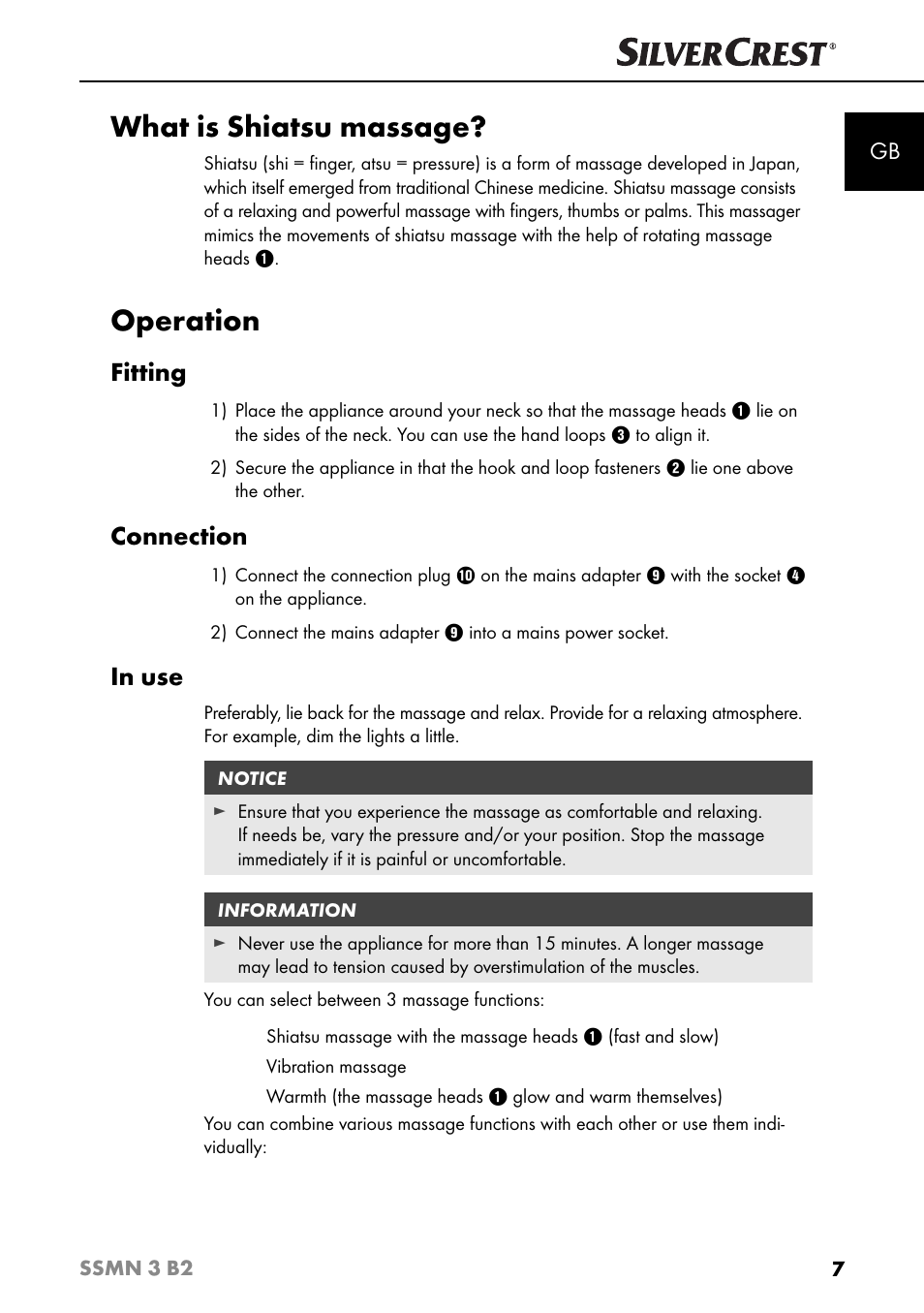 What is shiatsu massage, Operation, Fitting | Connection | Silvercrest SSMN 3 B2 User Manual | Page 10 / 65