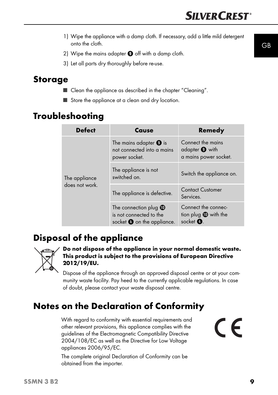 Storage, Troubleshooting, Disposal of the appliance | Silvercrest SSMN 3 B2 User Manual | Page 12 / 65