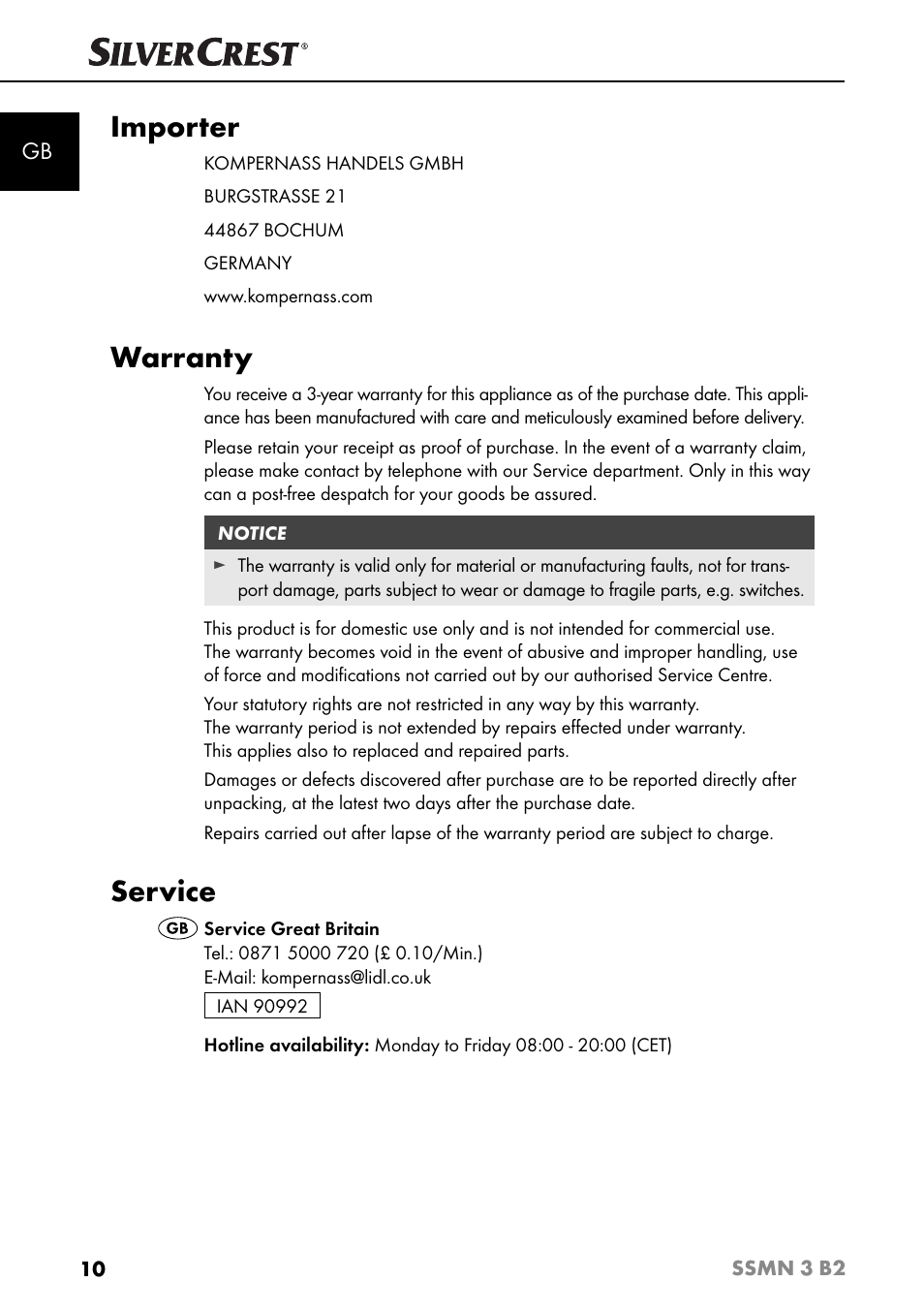 Importer, Warranty, Service | Silvercrest SSMN 3 B2 User Manual | Page 13 / 65