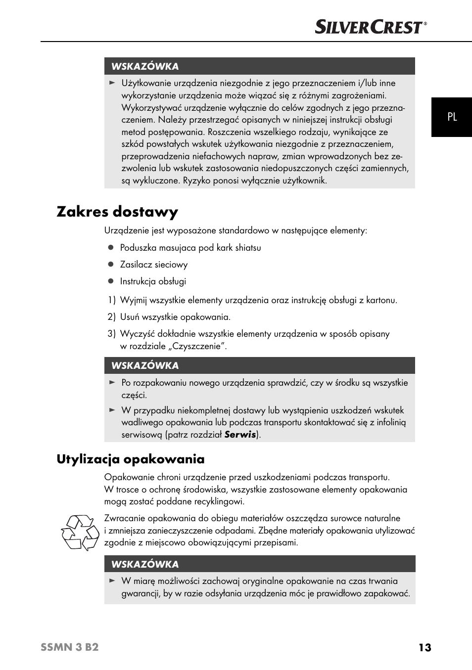 Zakres dostawy, Utylizacja opakowania | Silvercrest SSMN 3 B2 User Manual | Page 16 / 65