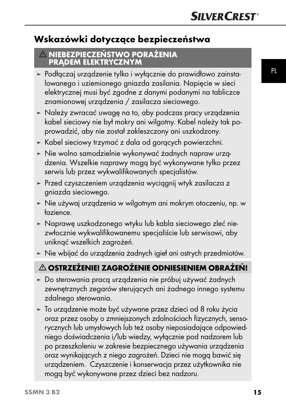 Wskazówki dotyczące bezpieczeństwa, Niebezpieczeństwo porażenia prądem elektrycznym | Silvercrest SSMN 3 B2 User Manual | Page 18 / 65