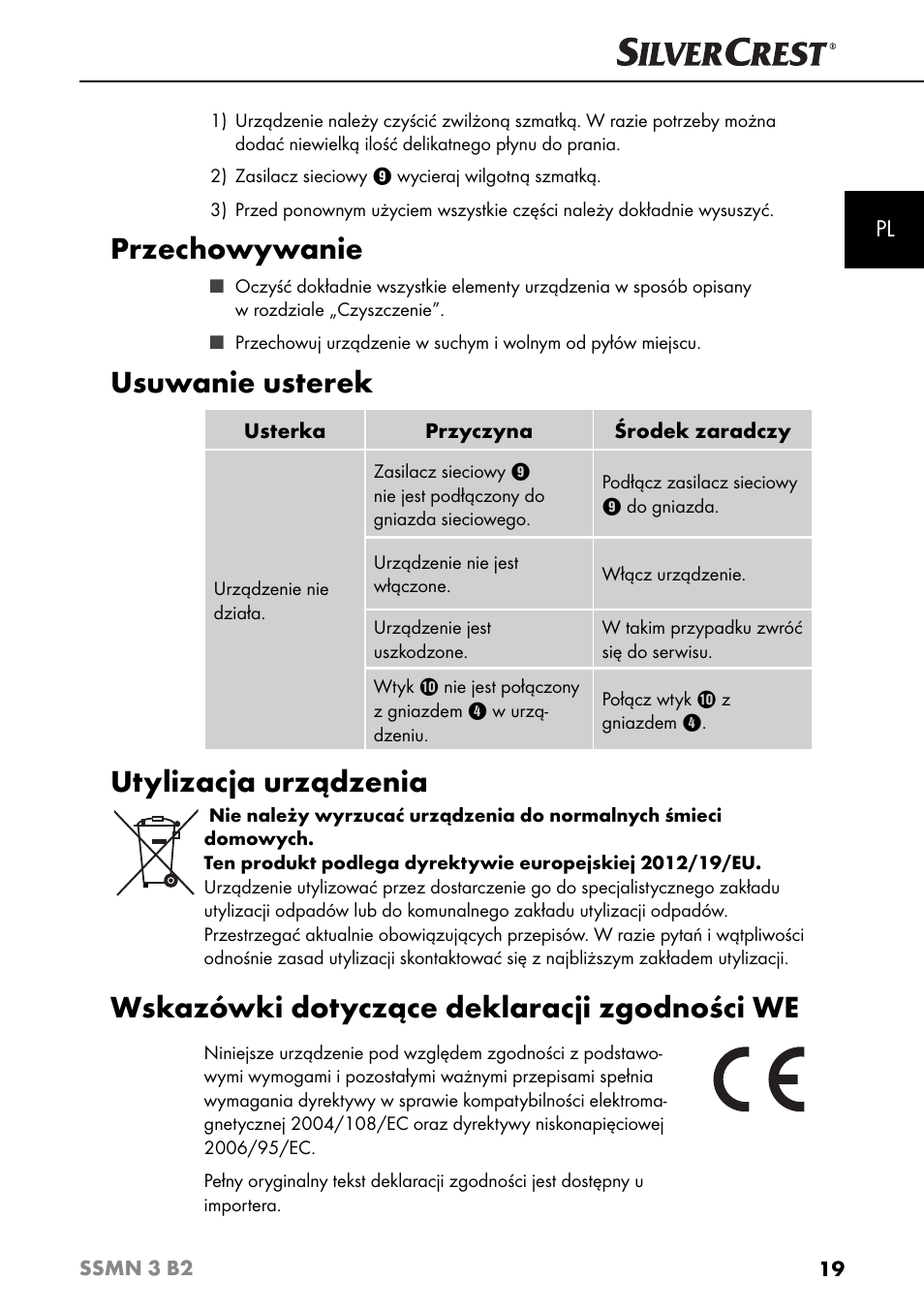 Przechowywanie, Usuwanie usterek, Utylizacja urządzenia | Wskazówki dotyczące deklaracji zgodności we | Silvercrest SSMN 3 B2 User Manual | Page 22 / 65