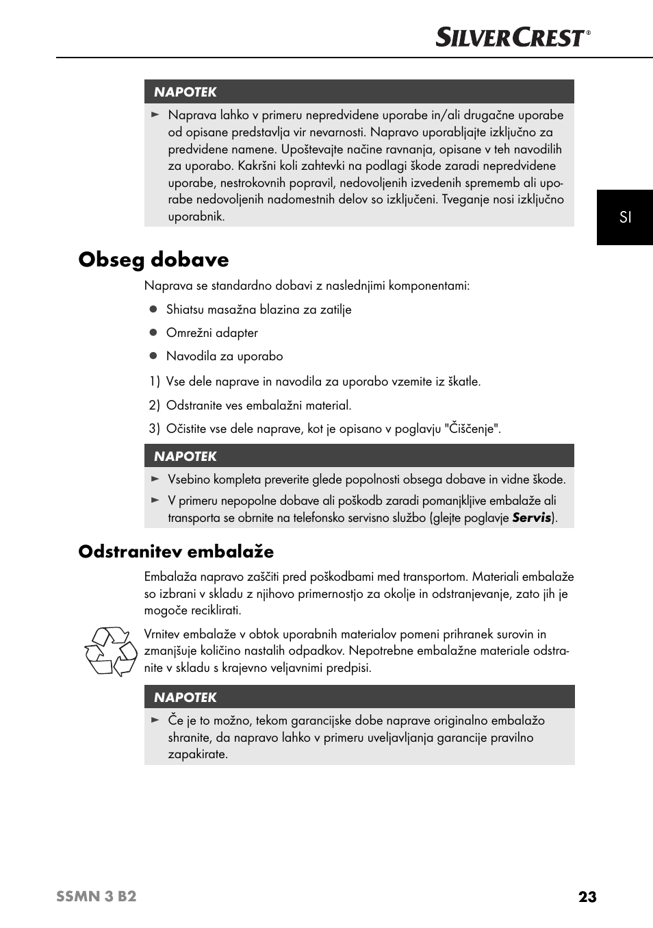 Obseg dobave, Odstranitev embalaže | Silvercrest SSMN 3 B2 User Manual | Page 26 / 65