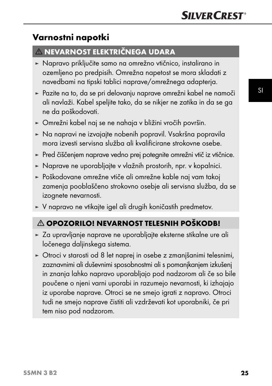 Varnostni napotki, Nevarnost električnega udara | Silvercrest SSMN 3 B2 User Manual | Page 28 / 65