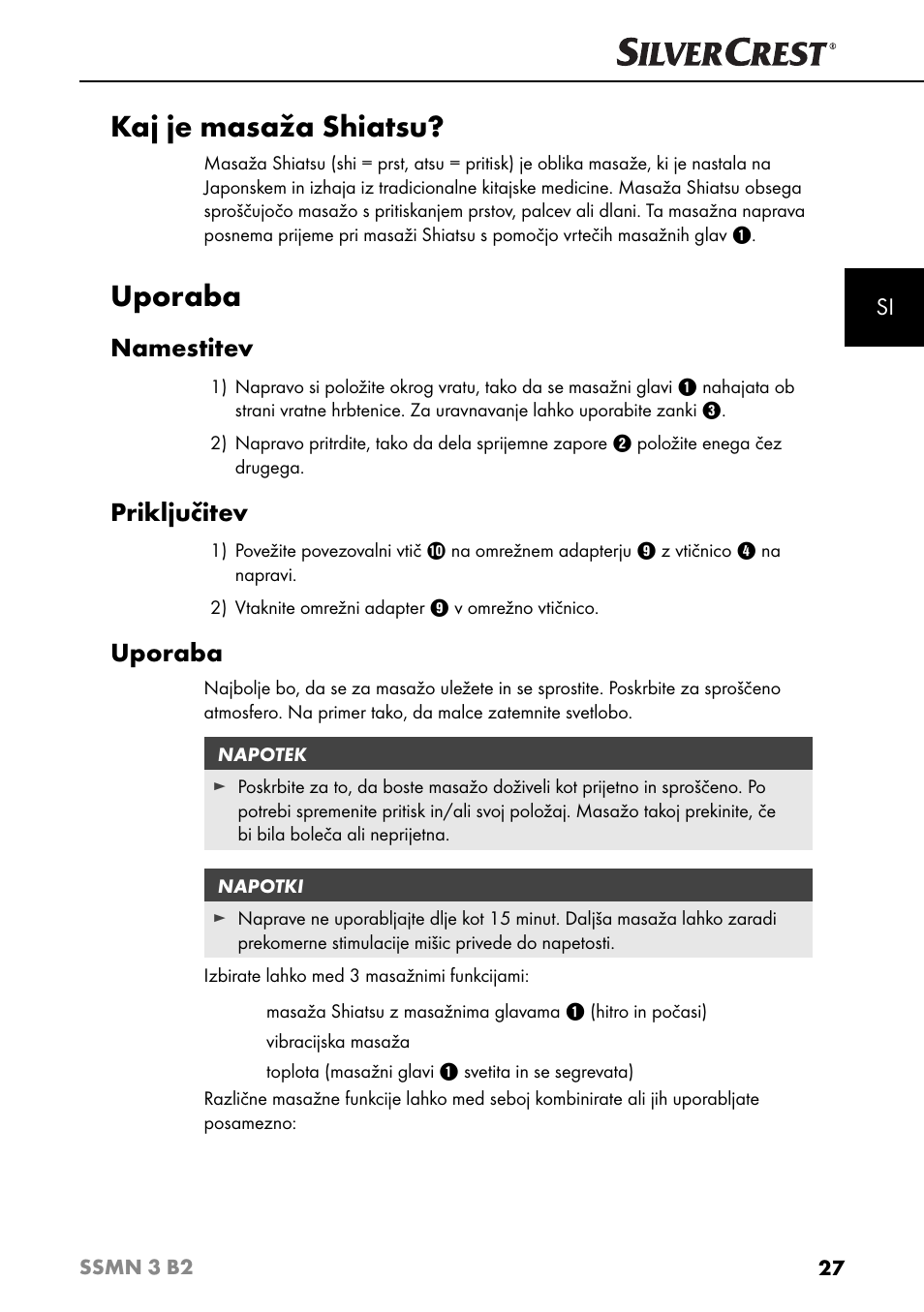 Kaj je masaža shiatsu, Uporaba, Namestitev | Priključitev | Silvercrest SSMN 3 B2 User Manual | Page 30 / 65