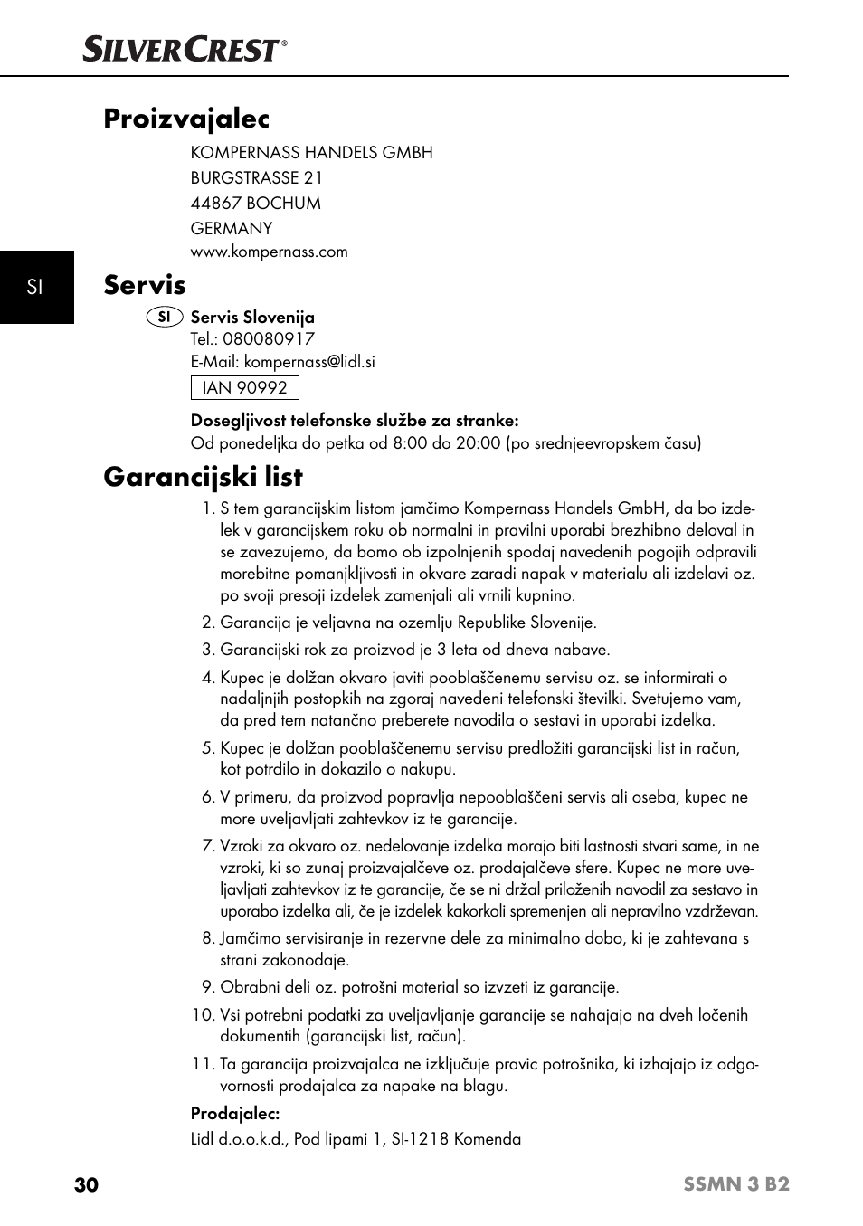 Proizvajalec, Servis, Garancijski list | Silvercrest SSMN 3 B2 User Manual | Page 33 / 65