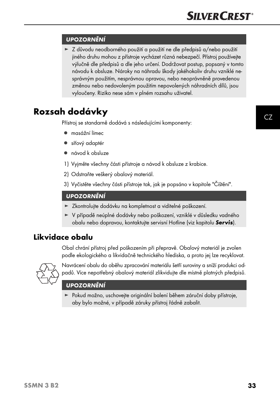 Rozsah dodávky, Likvidace obalu | Silvercrest SSMN 3 B2 User Manual | Page 36 / 65