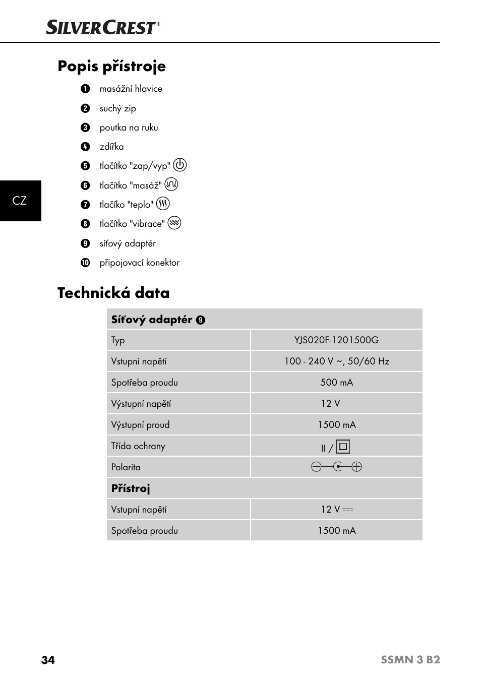 Popis přístroje, Technická data | Silvercrest SSMN 3 B2 User Manual | Page 37 / 65