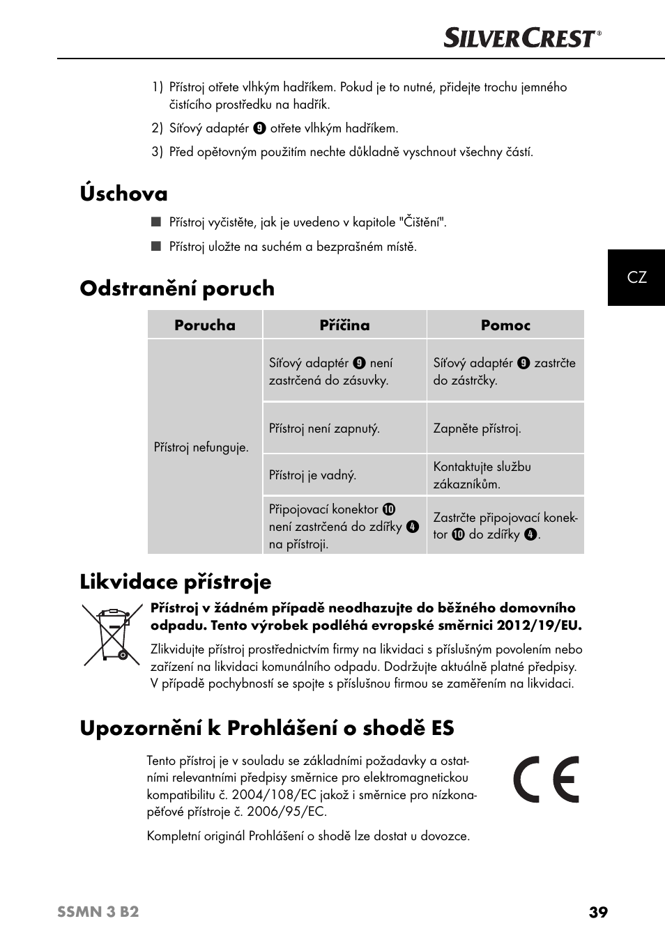 Úschova, Odstranění poruch, Likvidace přístroje | Upozornění k prohlášení o shodě es | Silvercrest SSMN 3 B2 User Manual | Page 42 / 65