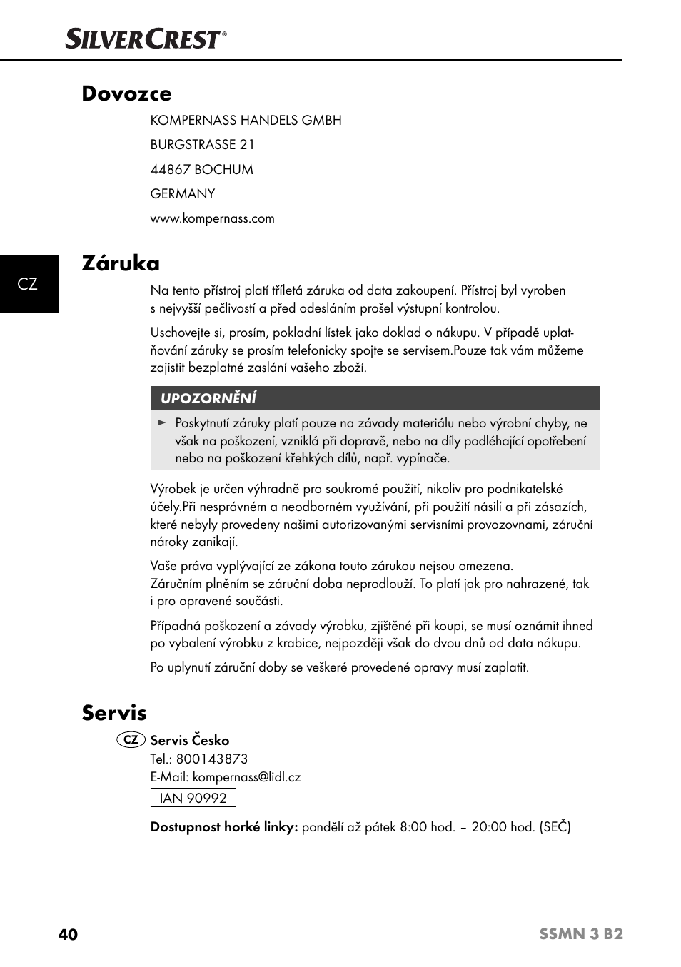 Dovozce, Záruka, Servis | Silvercrest SSMN 3 B2 User Manual | Page 43 / 65