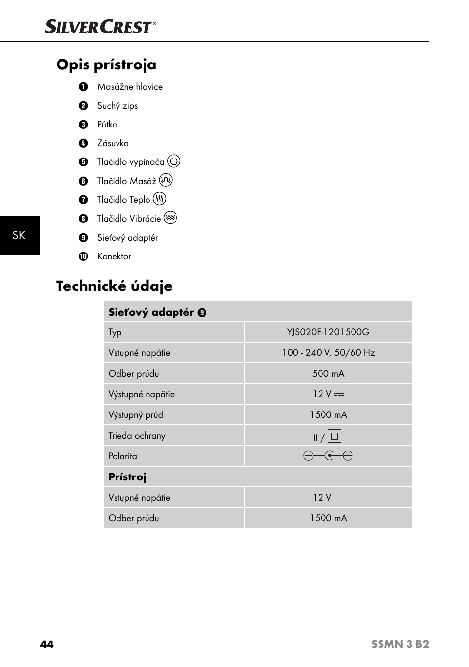 Opis prístroja, Technické údaje | Silvercrest SSMN 3 B2 User Manual | Page 47 / 65