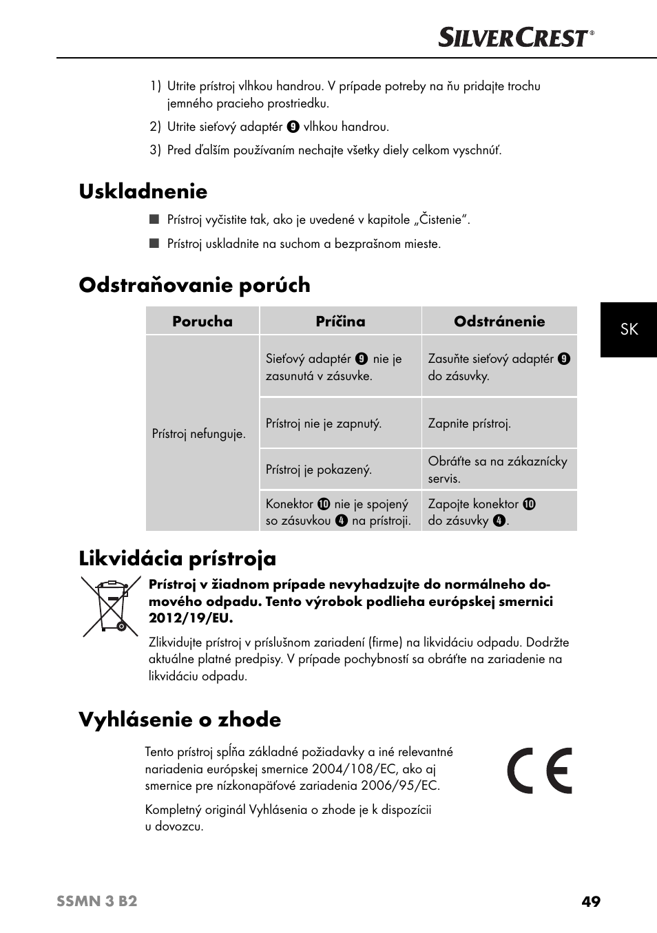 Uskladnenie, Odstraňovanie porúch, Likvidácia prístroja | Vyhlásenie o zhode | Silvercrest SSMN 3 B2 User Manual | Page 52 / 65