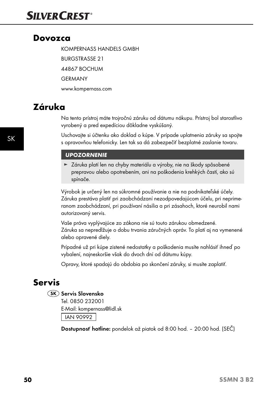 Dovozca, Záruka, Servis | Silvercrest SSMN 3 B2 User Manual | Page 53 / 65