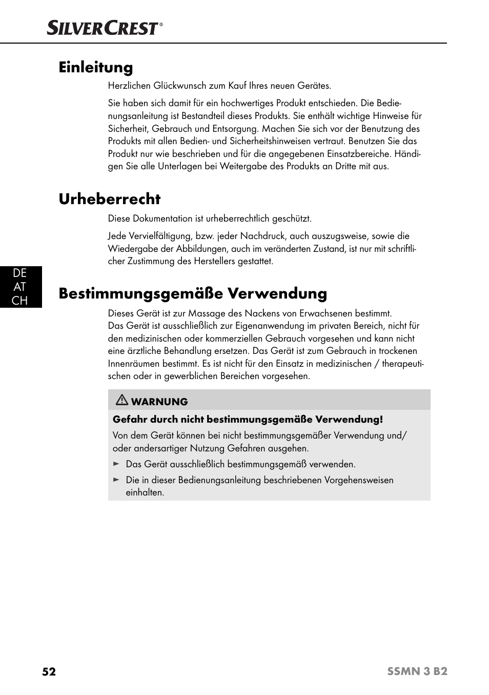 Einleitung, Urheberrecht, Bestimmungsgemäße verwendung | De at ch | Silvercrest SSMN 3 B2 User Manual | Page 55 / 65