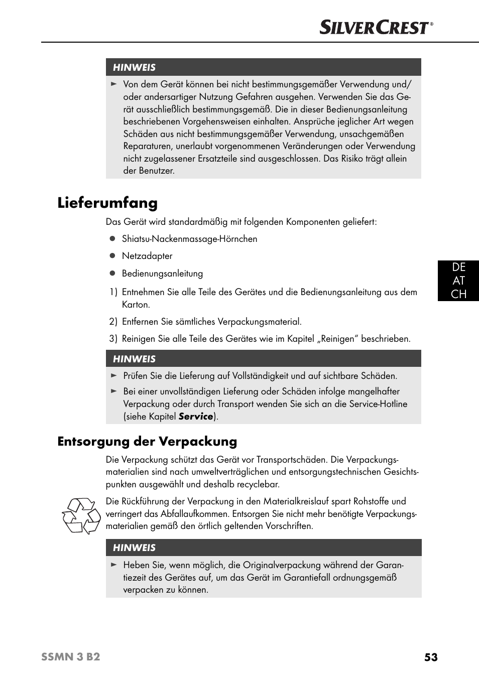 Lieferumfang, Entsorgung der verpackung, De at ch | Silvercrest SSMN 3 B2 User Manual | Page 56 / 65