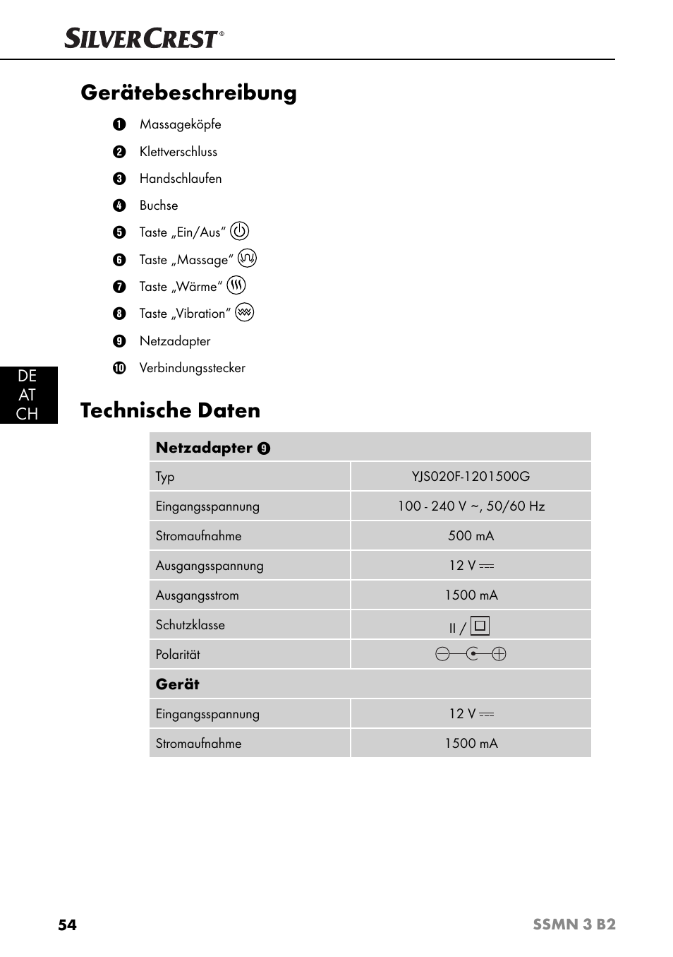 Gerätebeschreibung, Technische daten, De at ch | Silvercrest SSMN 3 B2 User Manual | Page 57 / 65