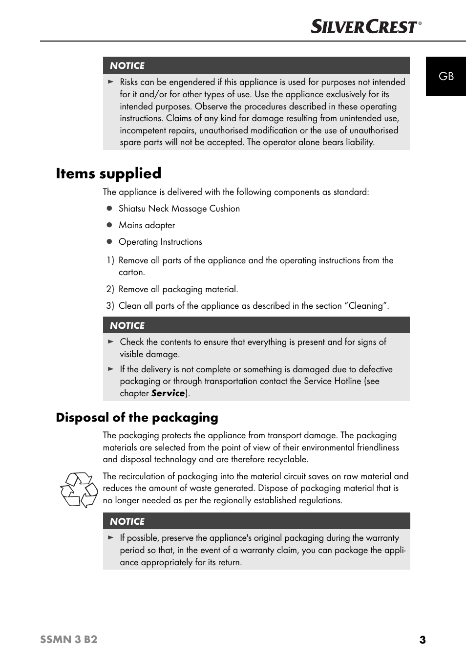 Items supplied, Disposal of the packaging | Silvercrest SSMN 3 B2 User Manual | Page 6 / 65