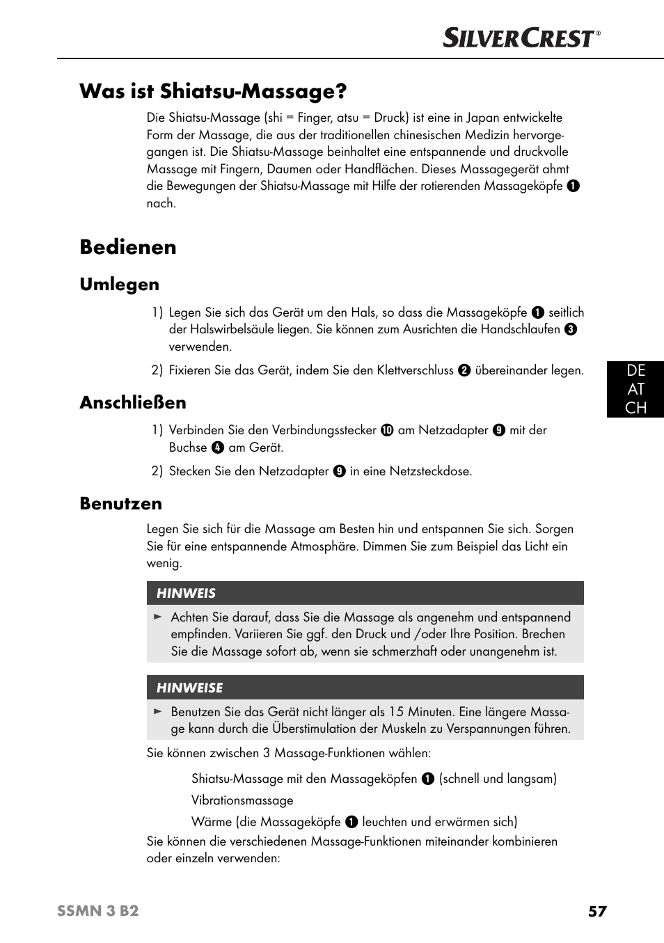 Was ist shiatsu-massage, Bedienen, Umlegen | Anschließen, Benutzen, De at ch | Silvercrest SSMN 3 B2 User Manual | Page 60 / 65