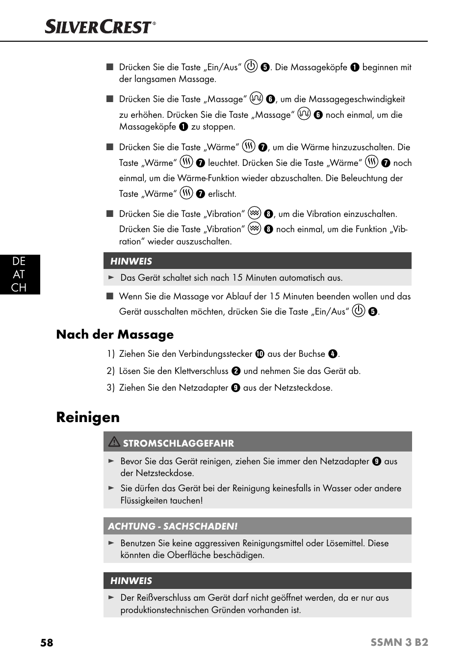 Reinigen, Nach der massage, De at ch | Silvercrest SSMN 3 B2 User Manual | Page 61 / 65